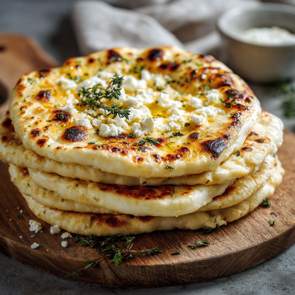 A stack of garlic naan bread with cottage cheese on top.
