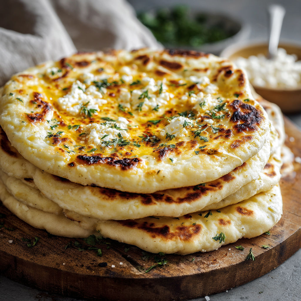 A stack of flatbreads with cheese and herbs on top, ready to be cooked.
