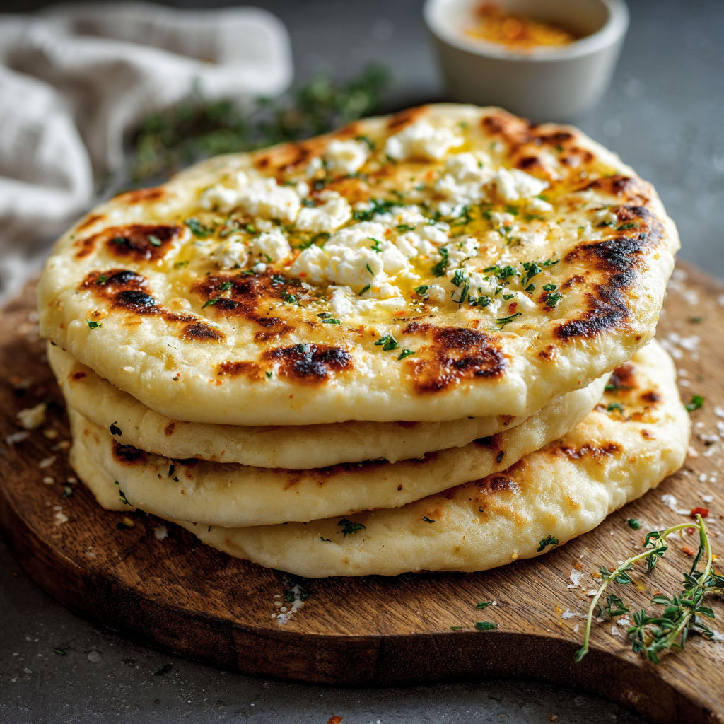 A stack of pita bread with feta cheese and herbs on top.