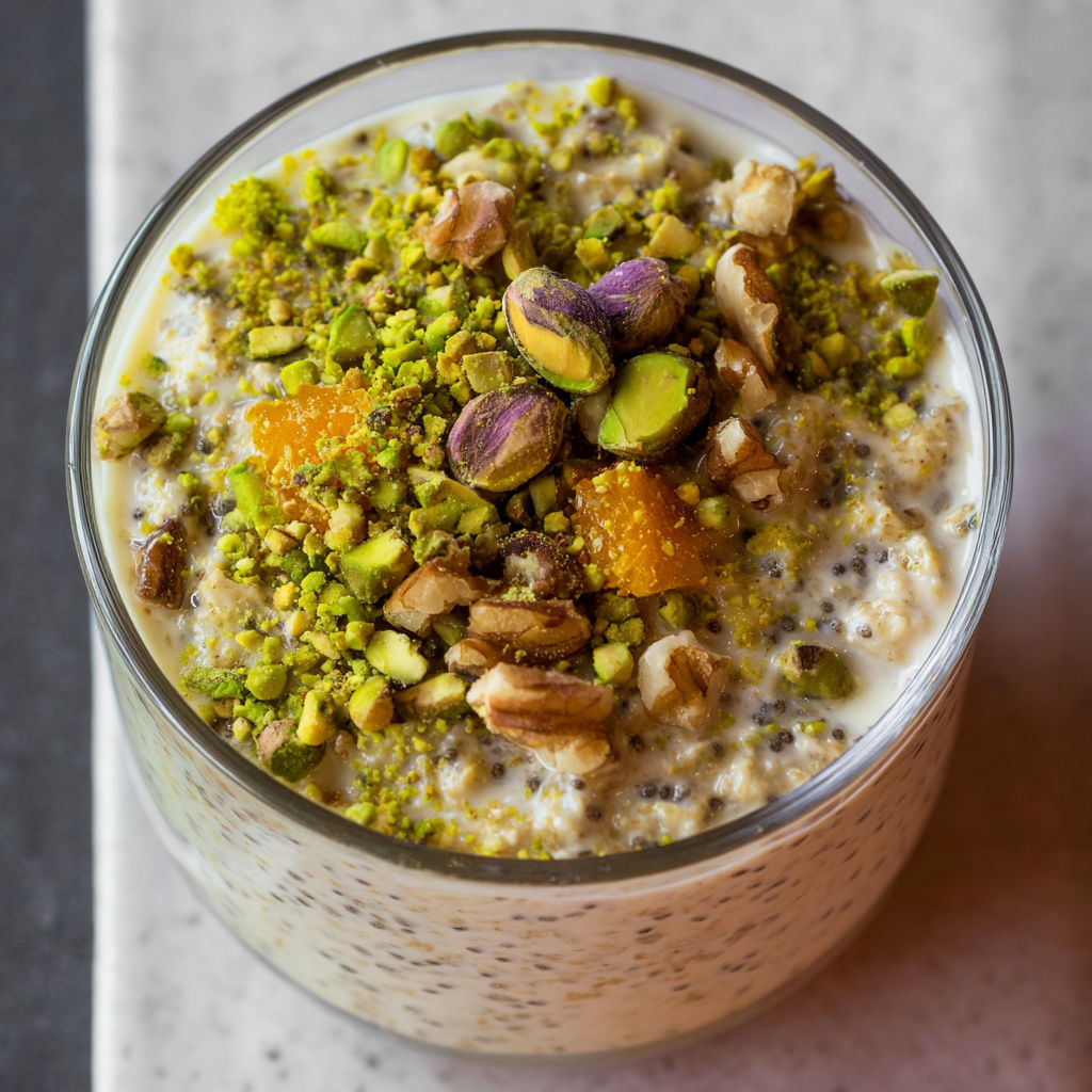 A glass of yogurt with nuts and fruits on top.