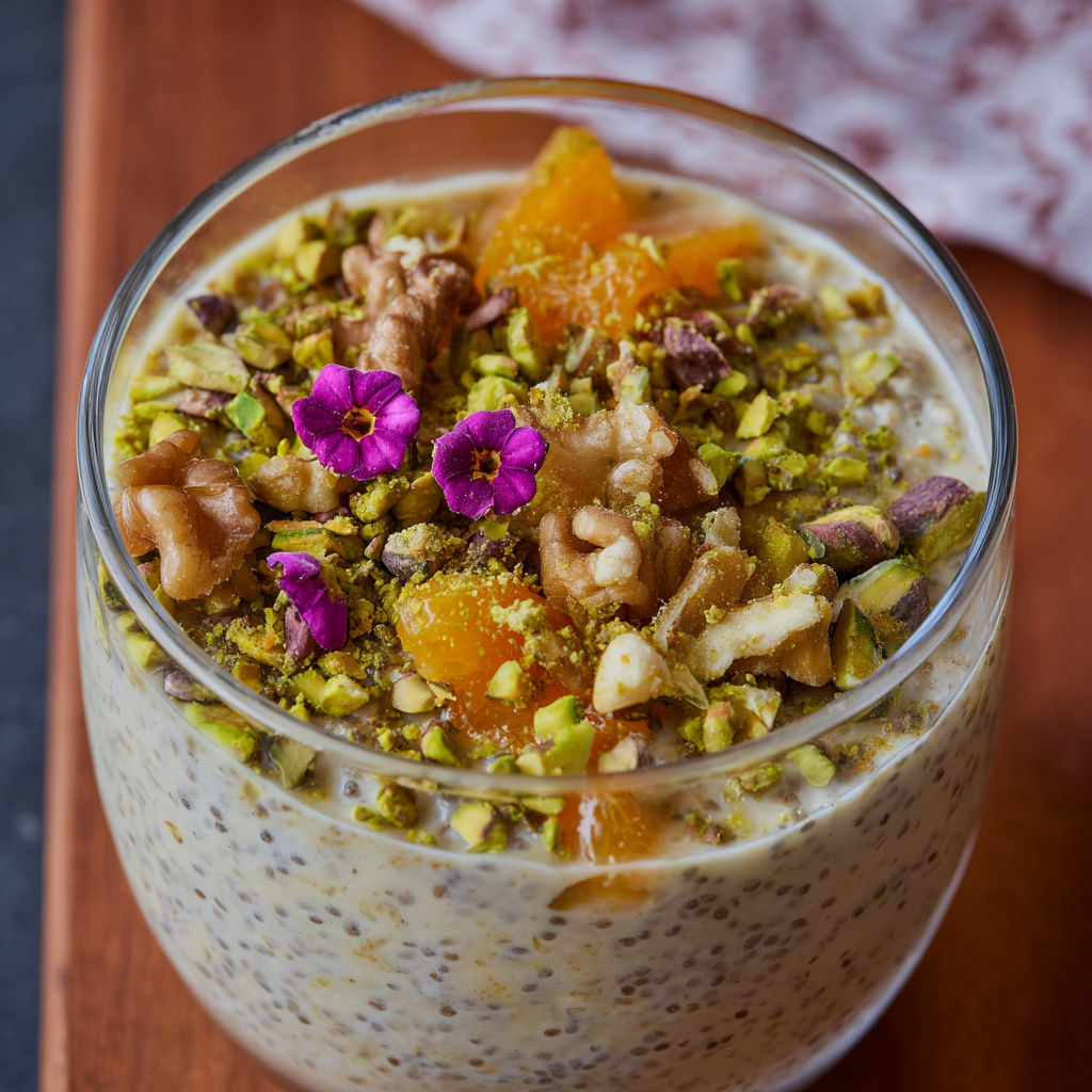 A glass bowl filled with a nutritious and delicious recipe, topped with a variety of nuts and fruits.