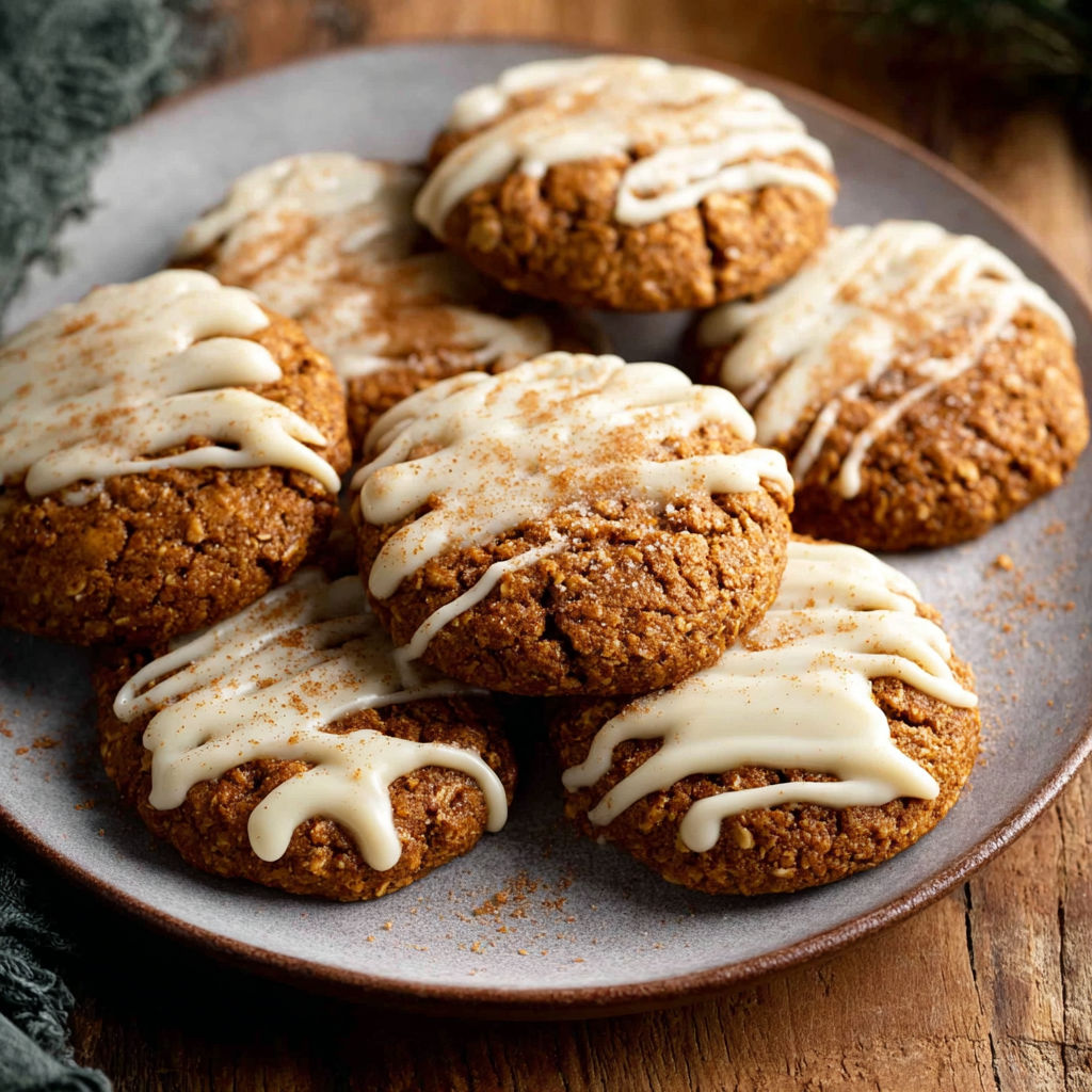 A plate of Gingerbread Latte Cookies with white frosting and cinnamon.