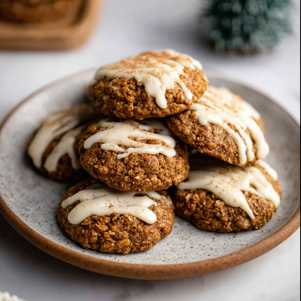 A plate of cookies with white icing and cinnamon.