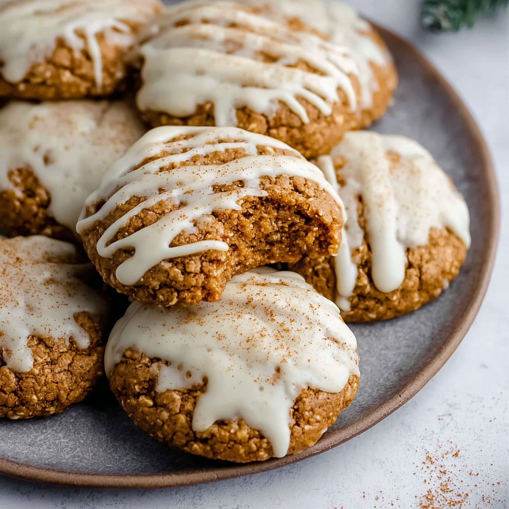 A plate of cookies with white frosting and cinnamon sprinkled on top.