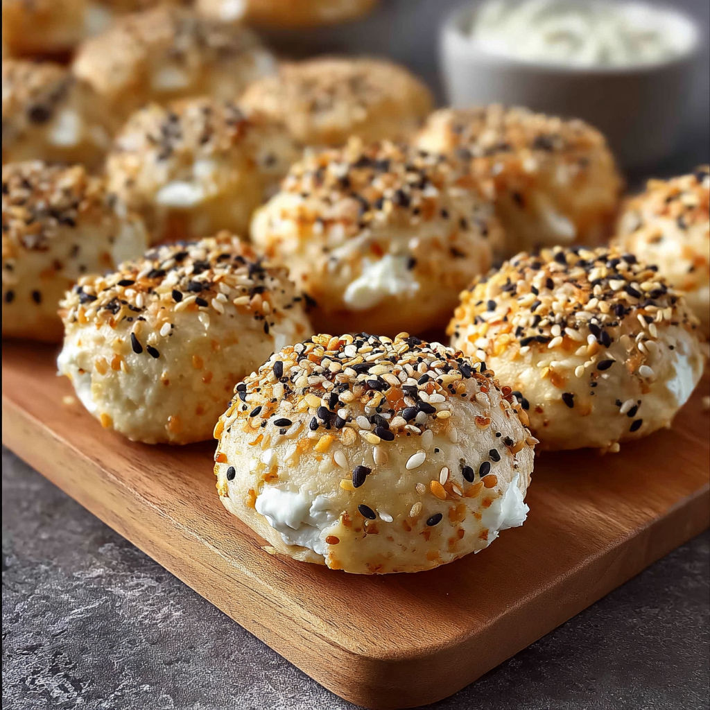 A plate of bagel bites with a bowl of cream cheese nearby.