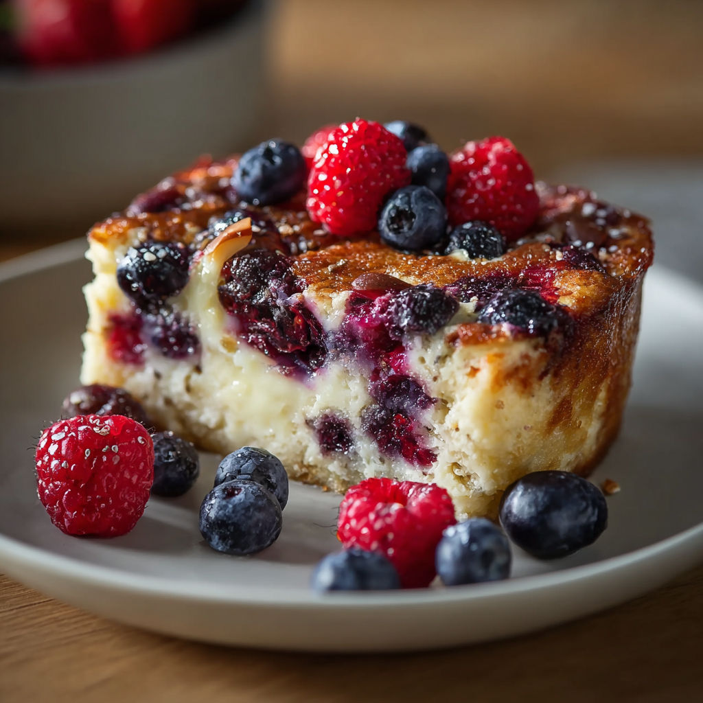 A slice of blueberry and raspberry cake is displayed on a plate.