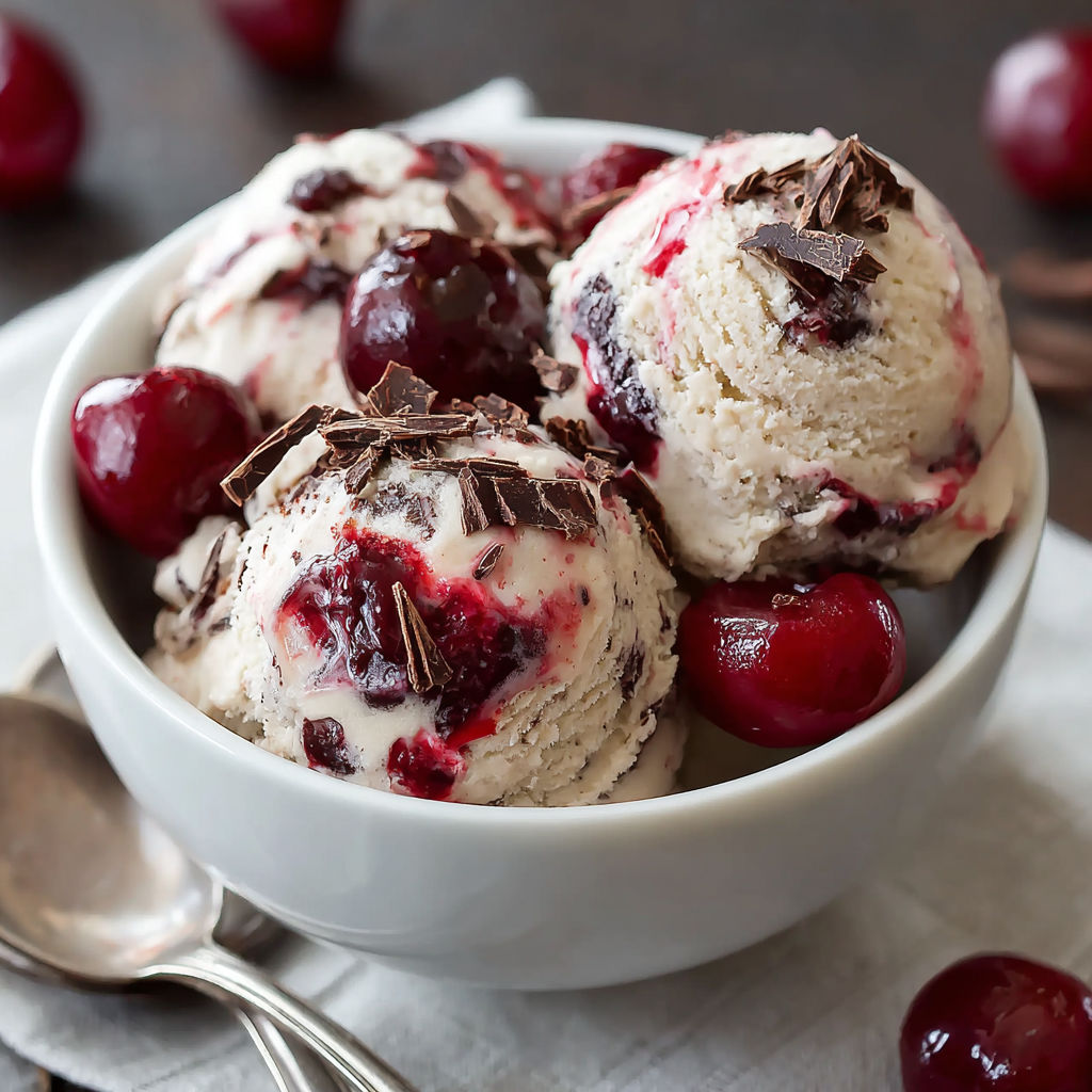 A bowl of cherry chocolate ice cream with chocolate chips and cherries on top.