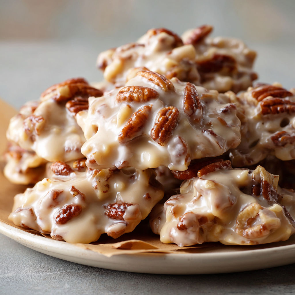 A plate of Sweet Vanilla Pecan Pralines, a delicious dessert made with pecans and a sweet vanilla sauce.