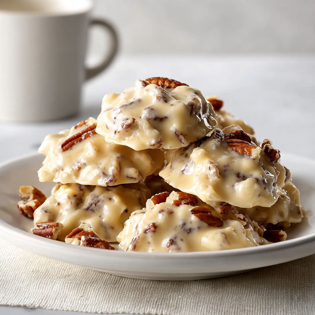 A plate of pecan pie bites is displayed on a table.