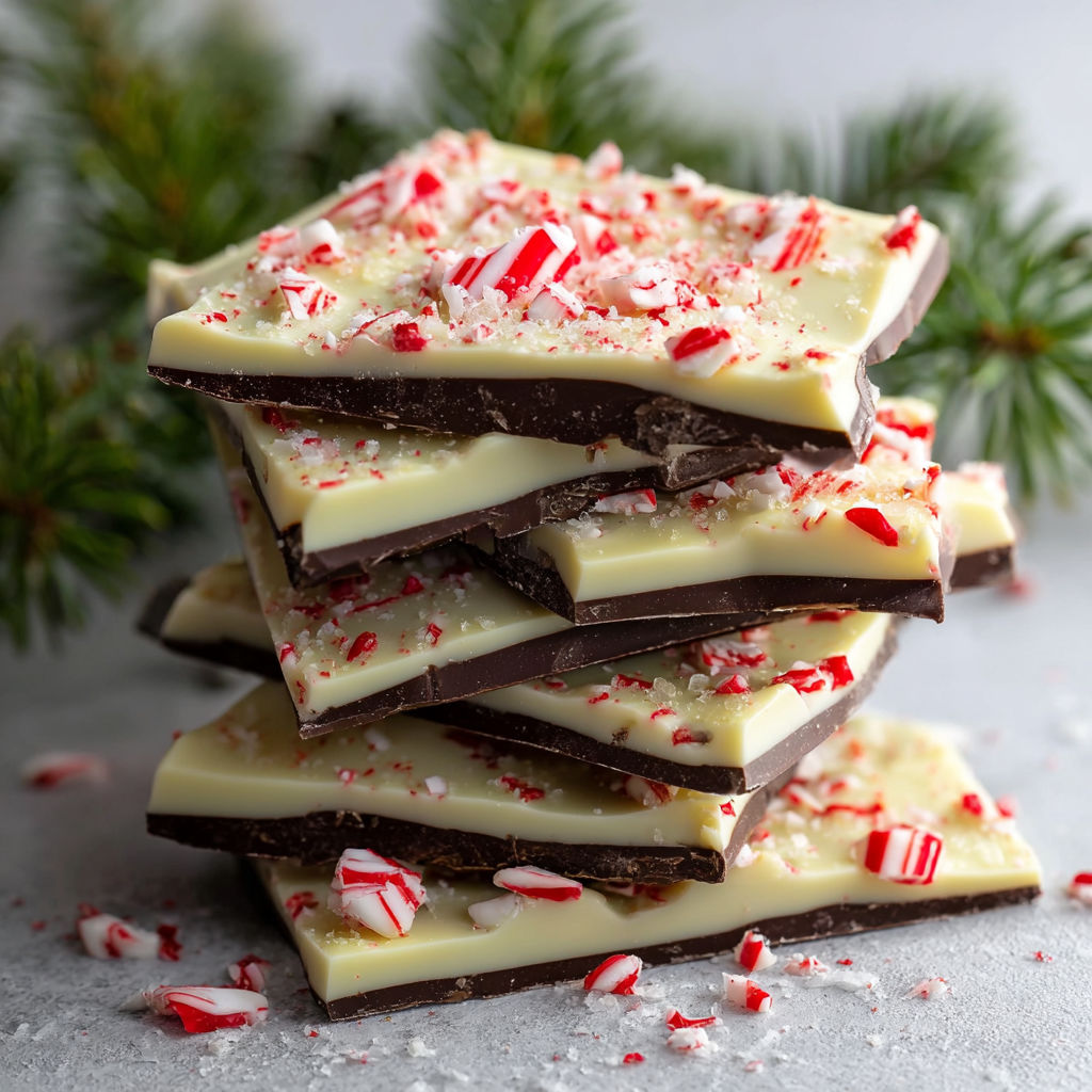 A stack of Salted Peppermint Bark bars with white and red stripes.