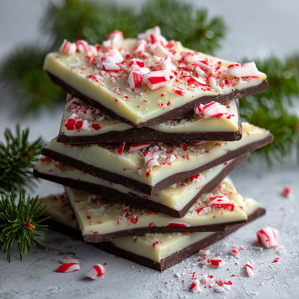 A stack of three layers of Salted Peppermint Bark.