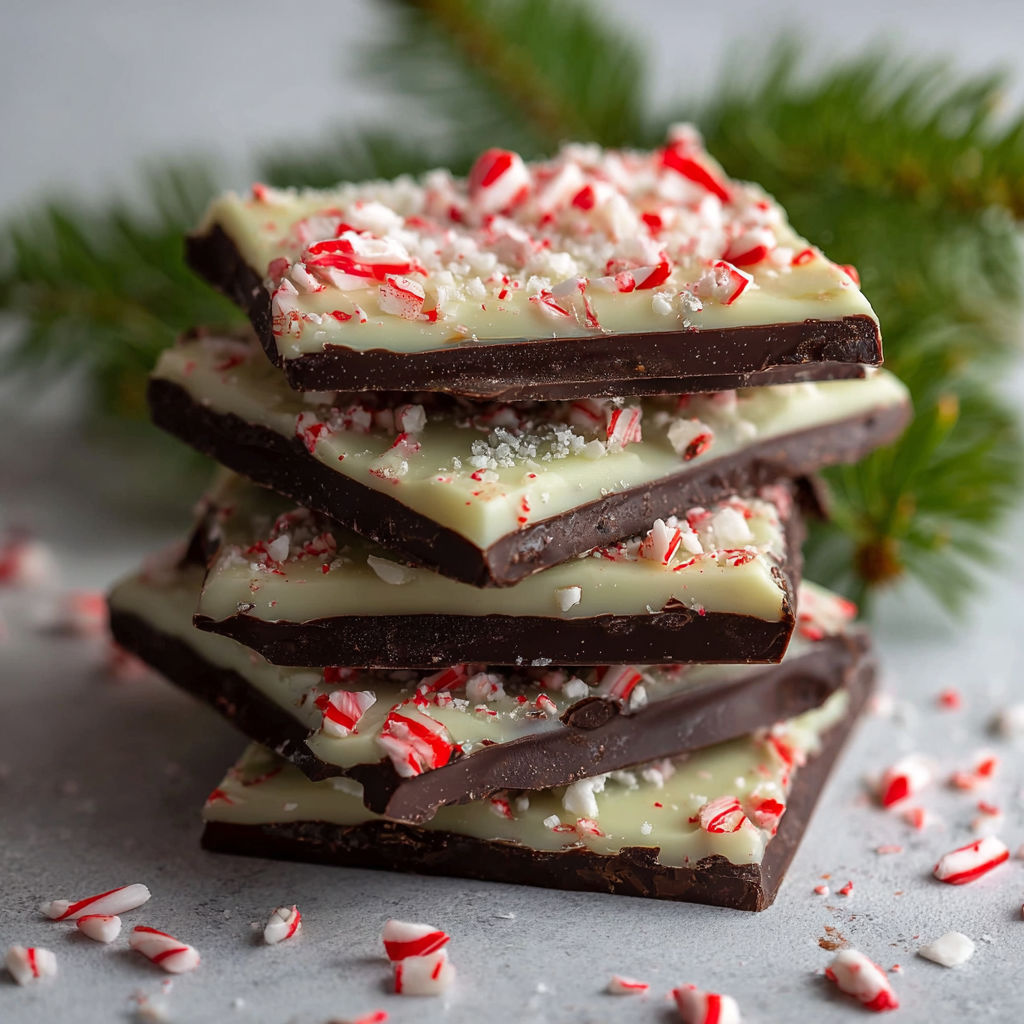 A stack of Salted Peppermint Bark bars with white and red stripes.
