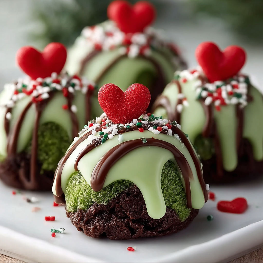 A plate of chocolate and green heart-shaped cookies with white icing and red hearts on top.