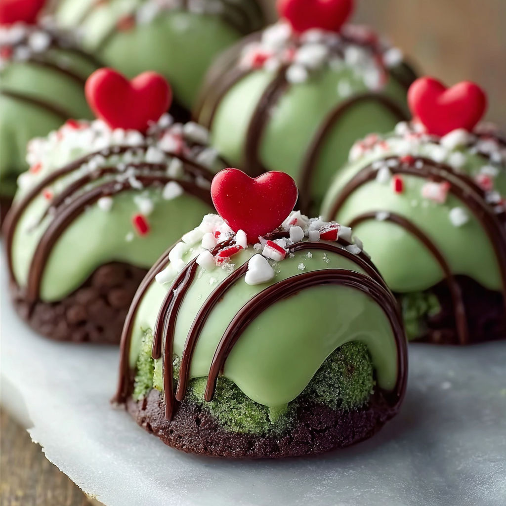 A plate of chocolate and mint truffles with hearts on top.