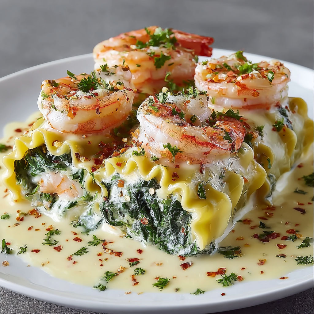A plate of shrimp and spinach with a creamy sauce, possibly a crepe or lasagna, is served on a table.