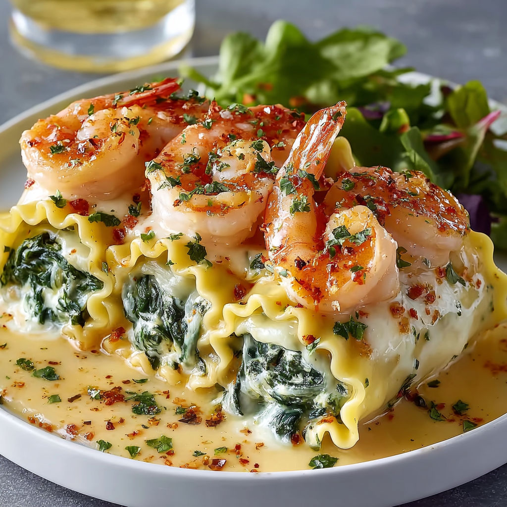 A plate of shrimp and spinach pasta with a glass of wine.