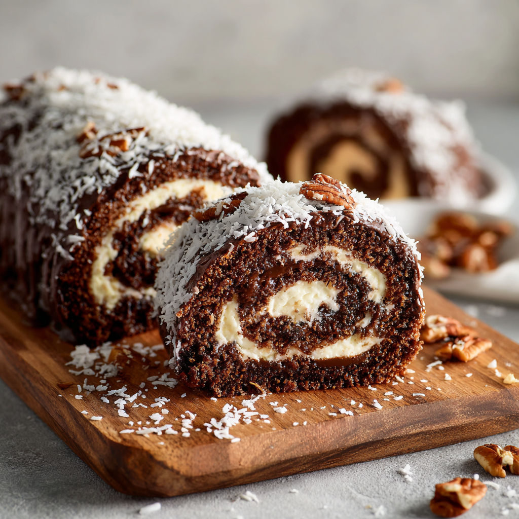 A German Chocolate Sponge Roll is displayed on a wooden cutting board, ready to be sliced and served.