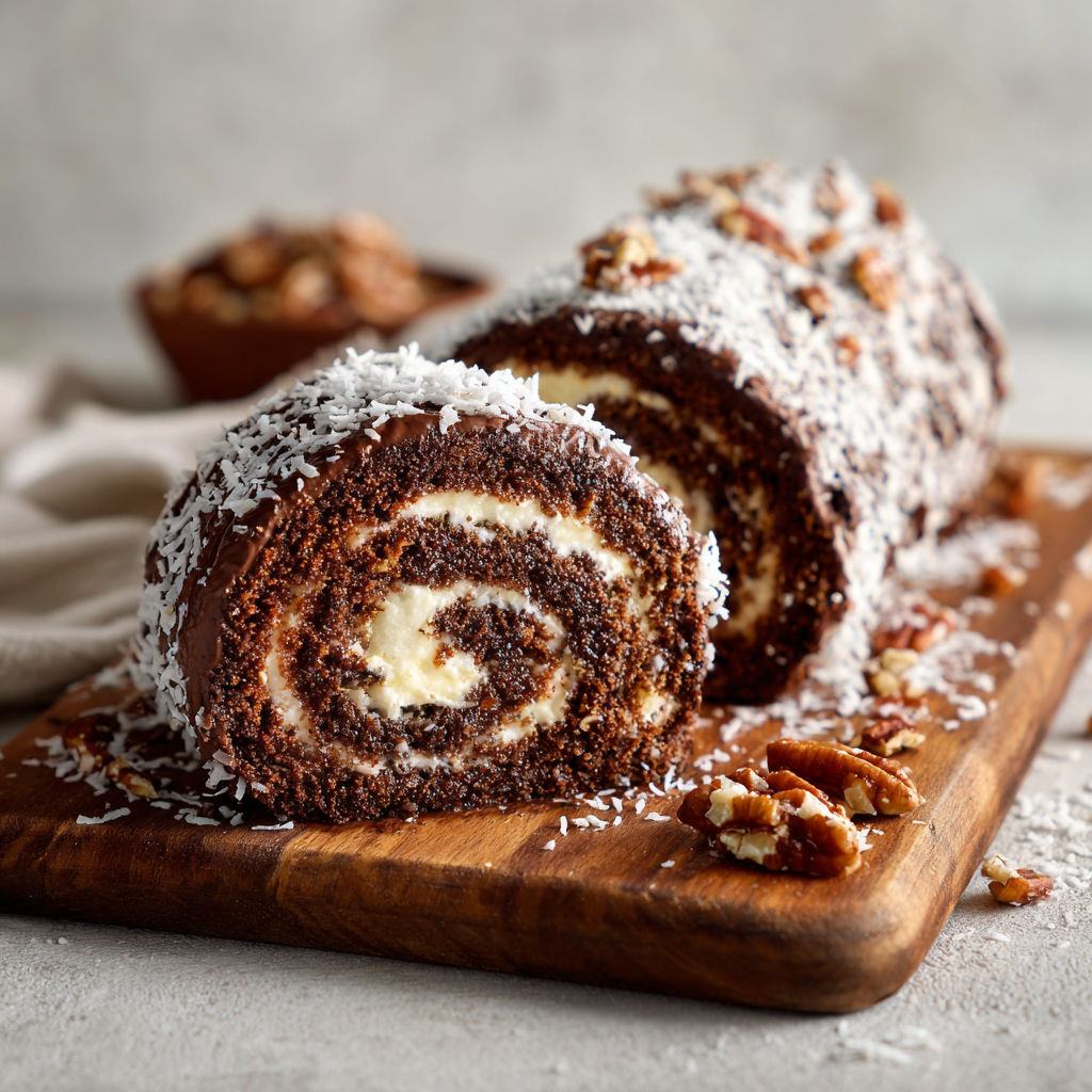 A chocolate cake with a swirl of cream on top is displayed on a wooden cutting board.
