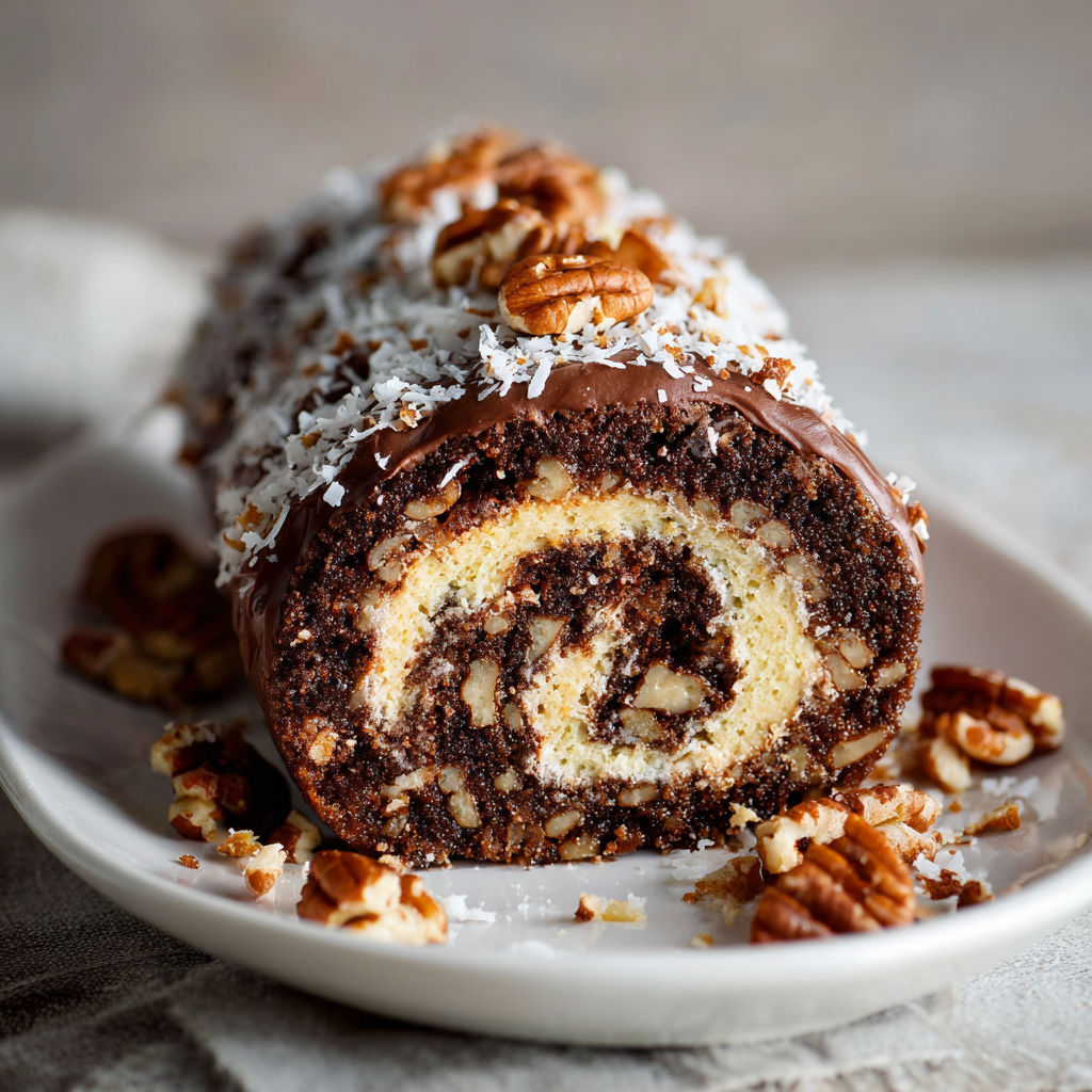 A delicious chocolate and walnut roll sits on a plate, ready to be enjoyed.