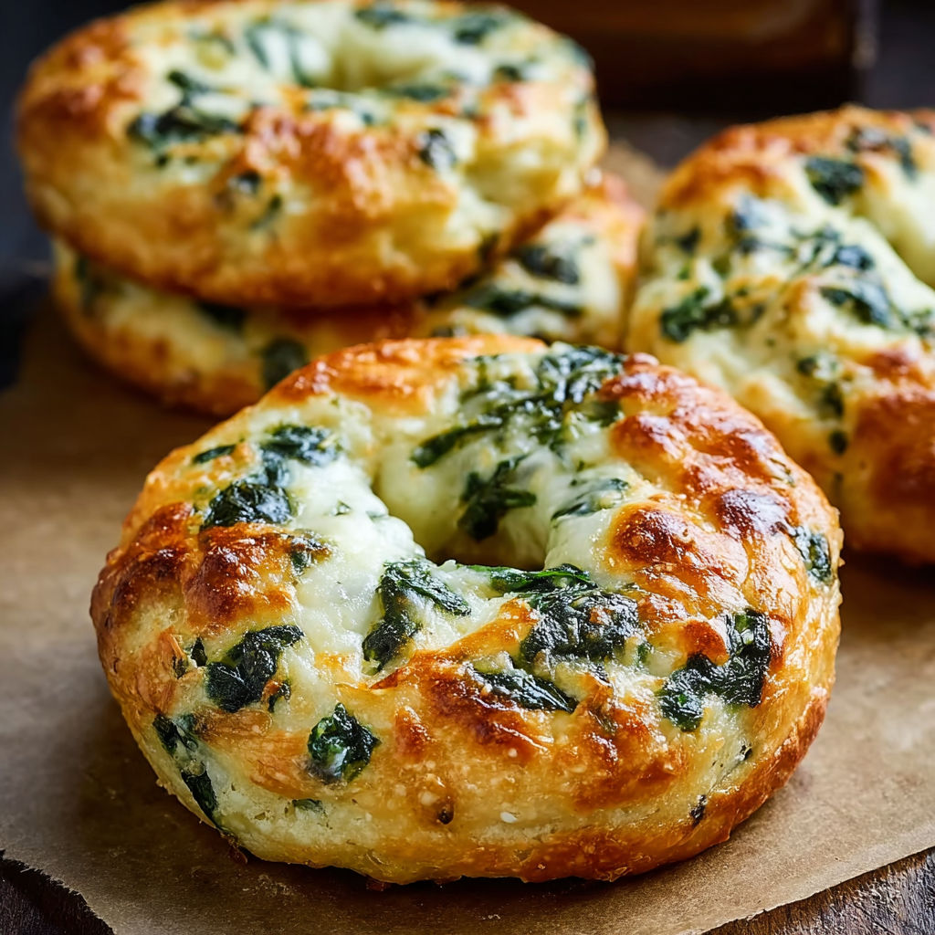 A close up of a spinach and cheese bagel on a wooden table.