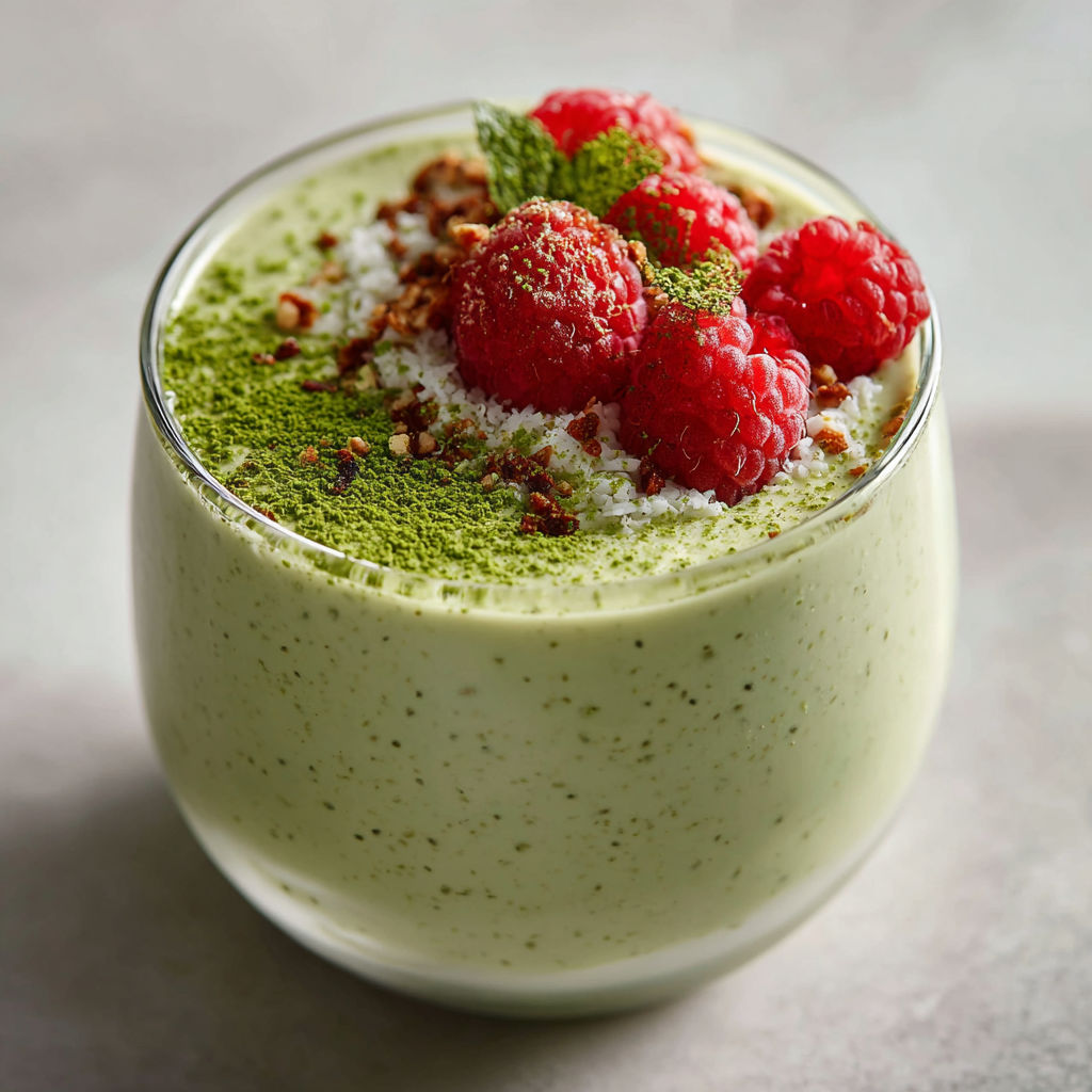 A glass of Matcha Chia Seed Pudding with raspberries on top.