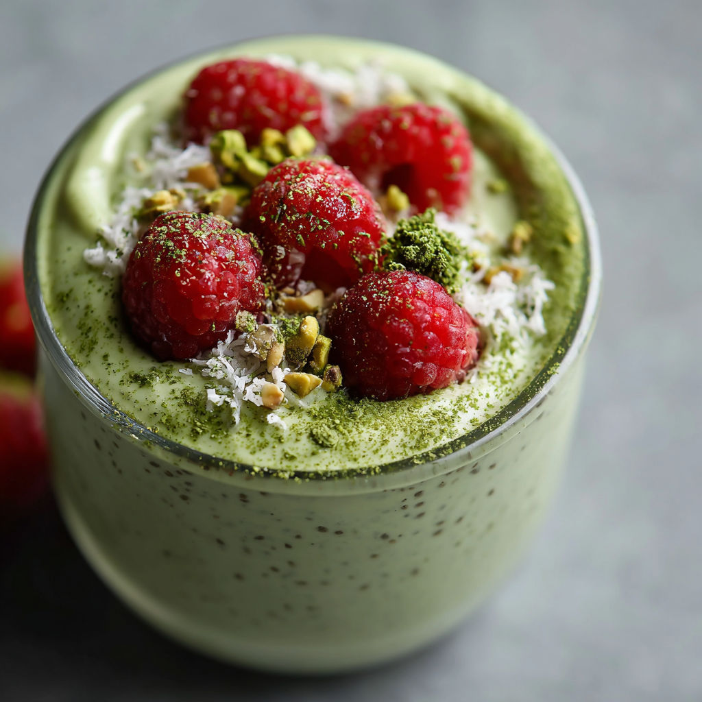 A glass of green smoothie with raspberries on top.