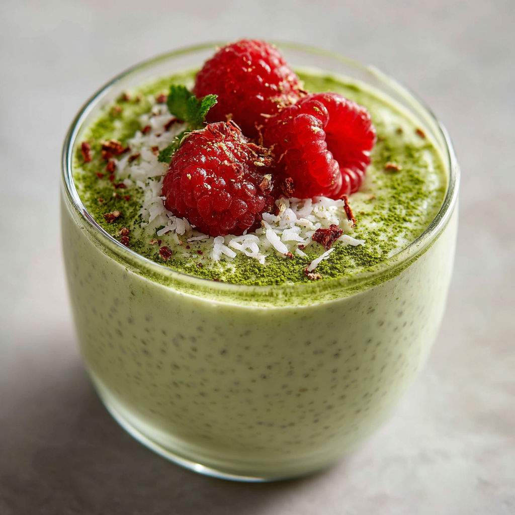 A glass of green smoothie with raspberries on top.