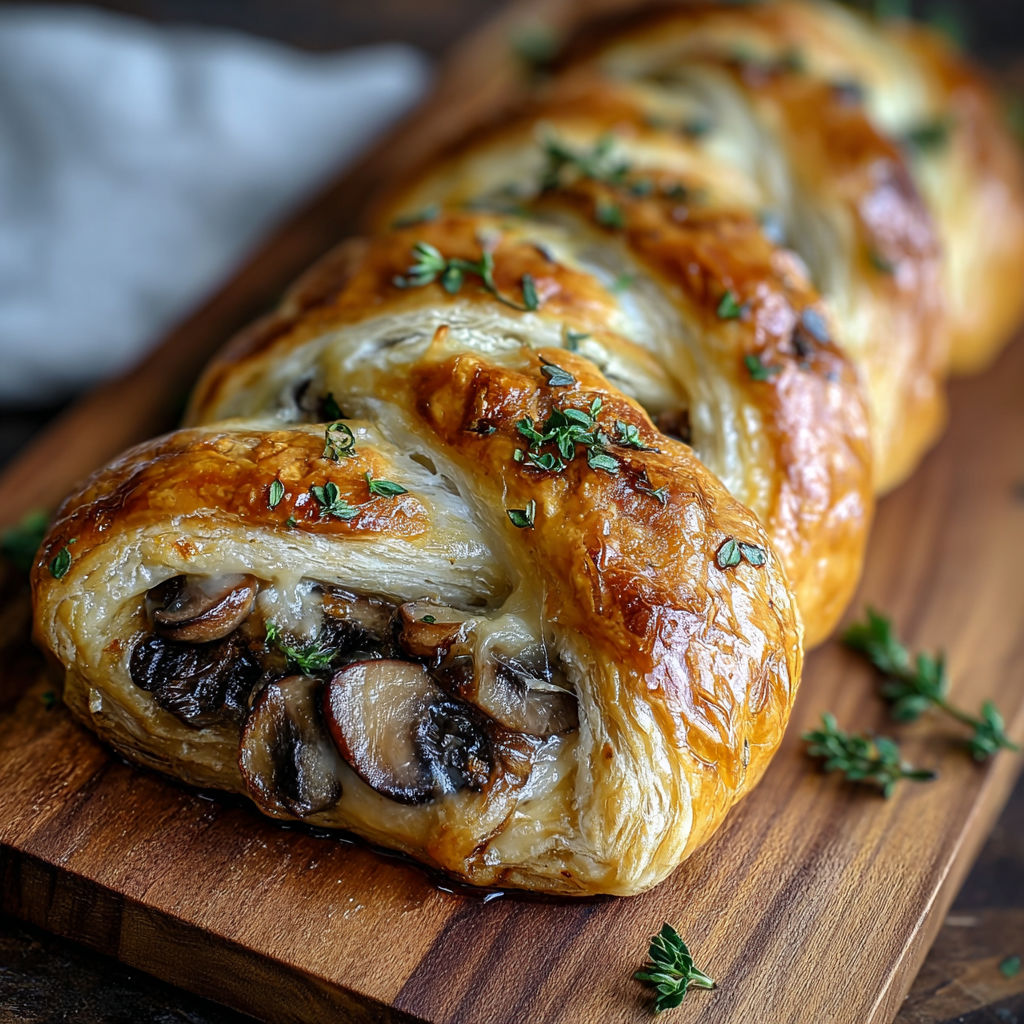 A delicious mushroom and cheese pastry is displayed on a wooden cutting board.