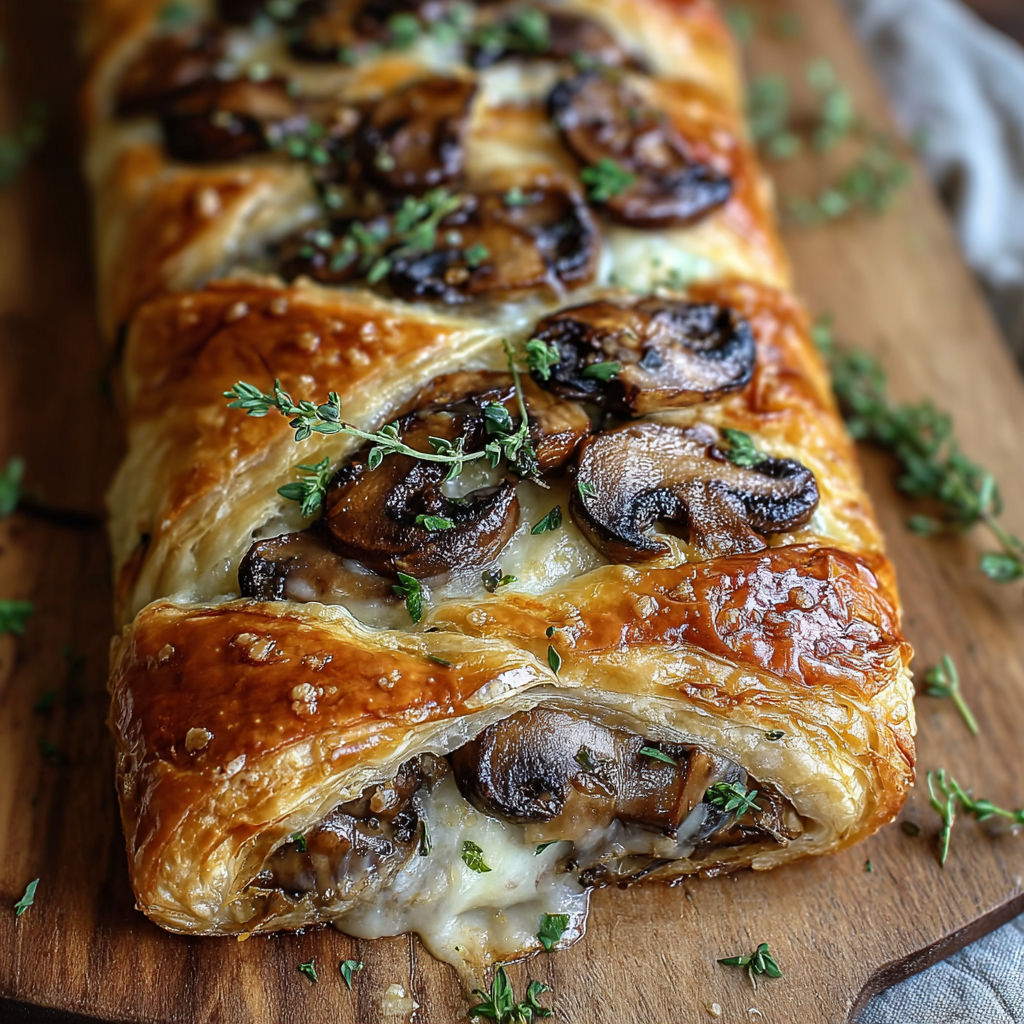 A delicious mushroom and cheese pastry is displayed on a wooden cutting board.