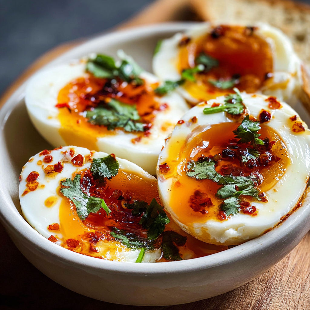 A bowl of eggs with chili butter and garlic yogurt on a wooden table.