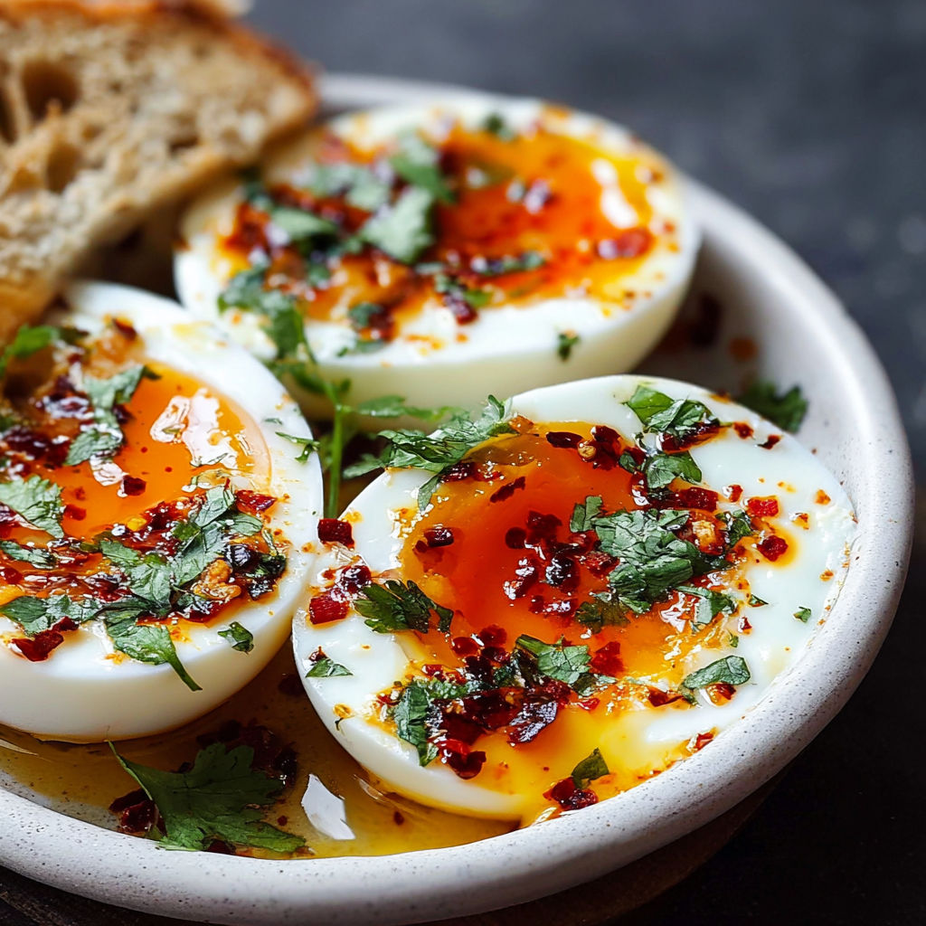 A plate of eggs with a slice of bread on the side, topped with a sauce.