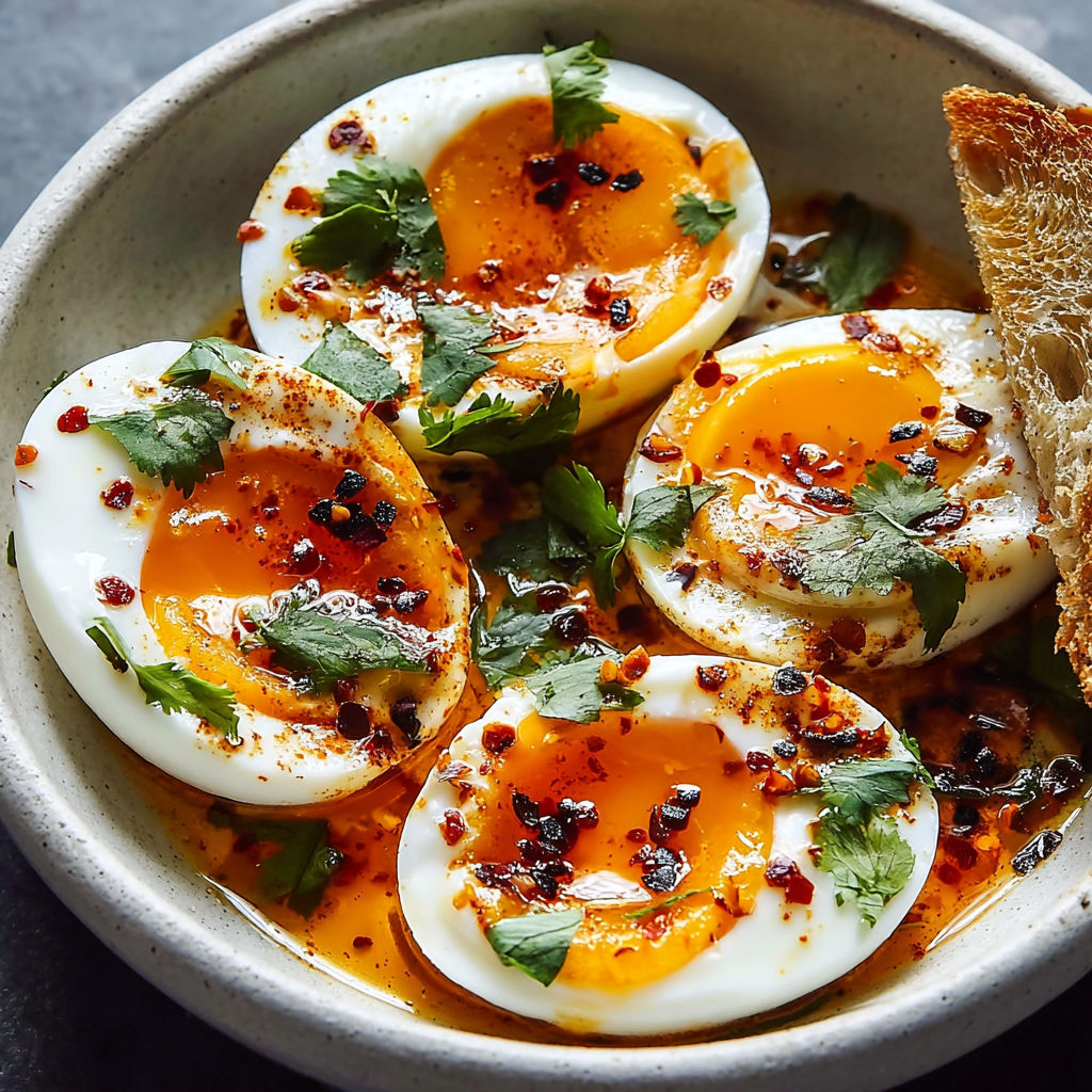 A bowl of eggs with a slice of bread on the side, possibly a recipe for egg salad.