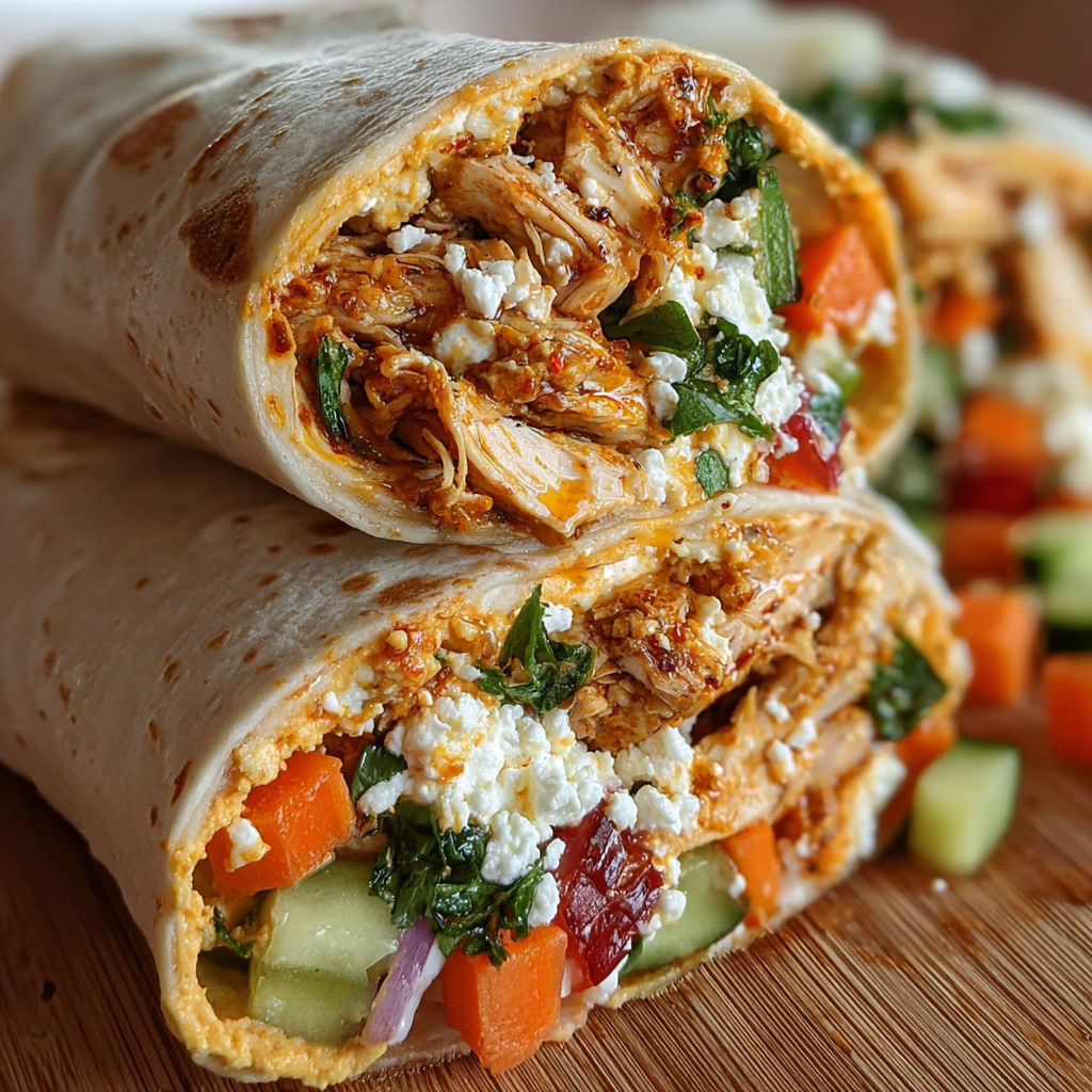 A delicious Chicken & Hummus Veggie Wrap is displayed on a wooden table.