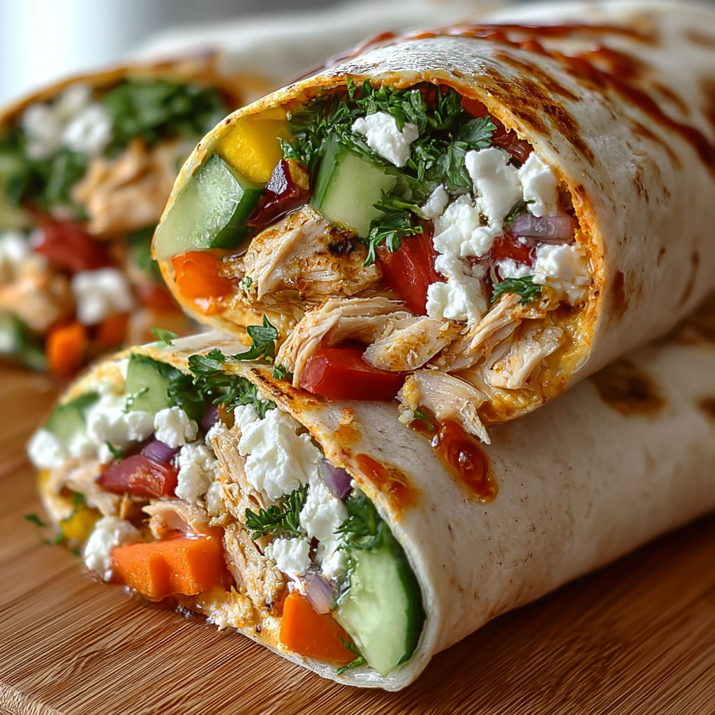 Two chicken and hummus veggie wraps are displayed on a wooden table.
