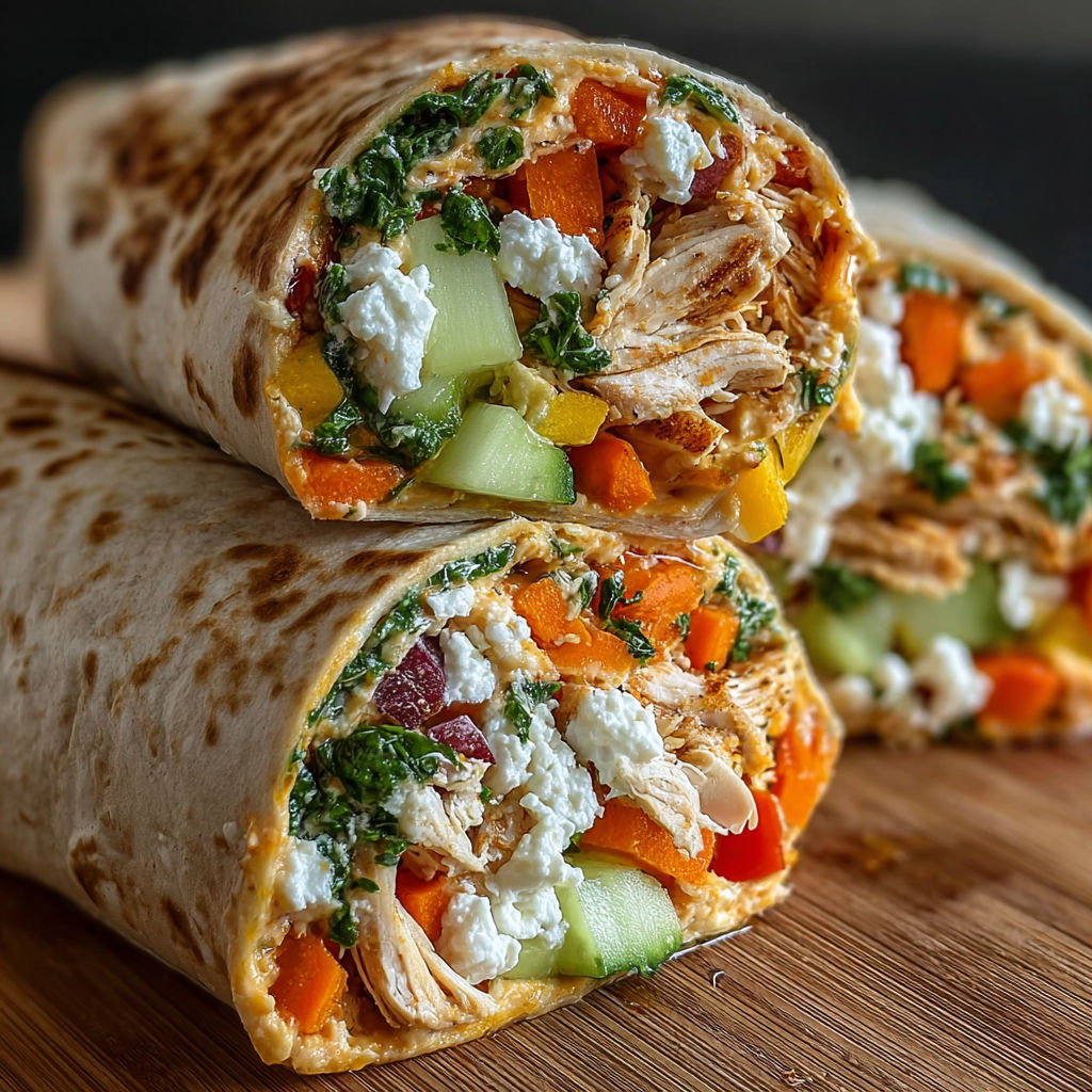 Two wraps filled with chicken, vegetables, and hummus are displayed on a wooden table.