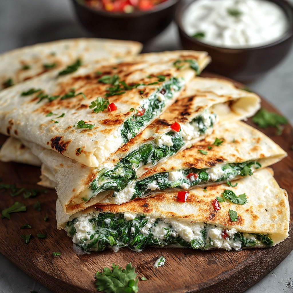 A delicious spinach and feta quesadilla is served on a wooden cutting board.