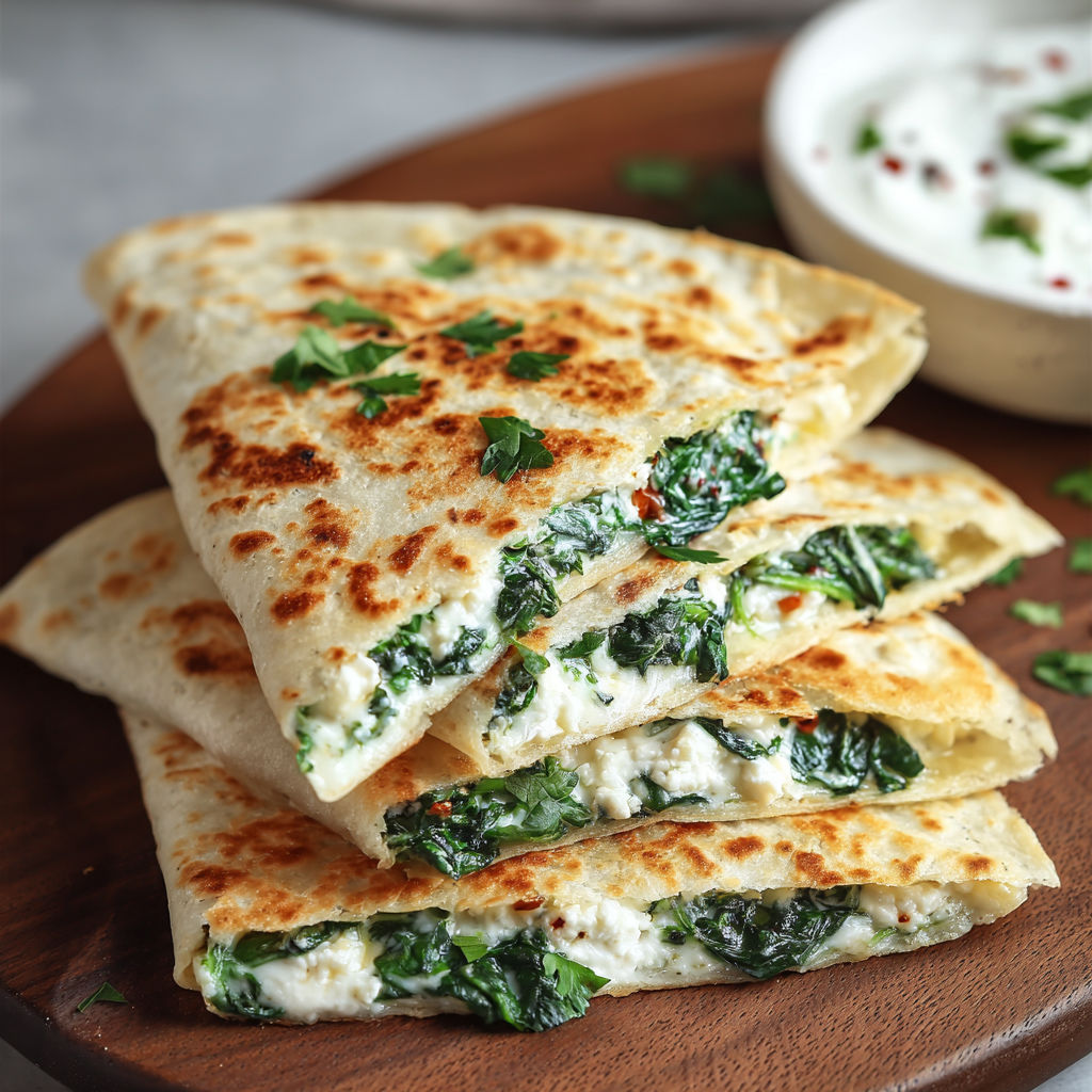 Spinach and Feta Quesadillas stacked on a wooden cutting board.