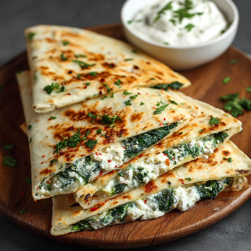 A delicious spinach and feta quesadilla is served on a wooden platter.