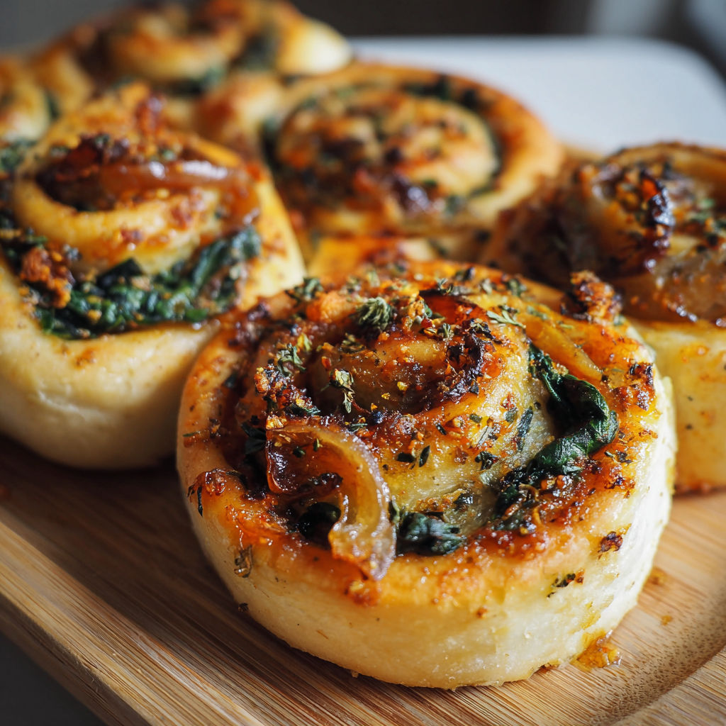 A delicious vegan caramelized onion and spinach pizza roll is displayed on a wooden cutting board.