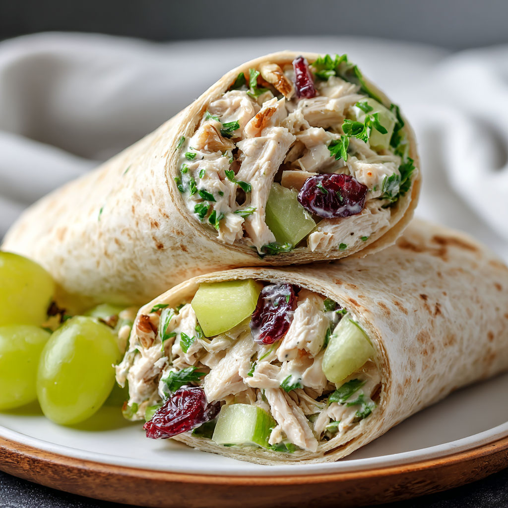 A plate with a wrap filled with chicken, vegetables, and grapes.