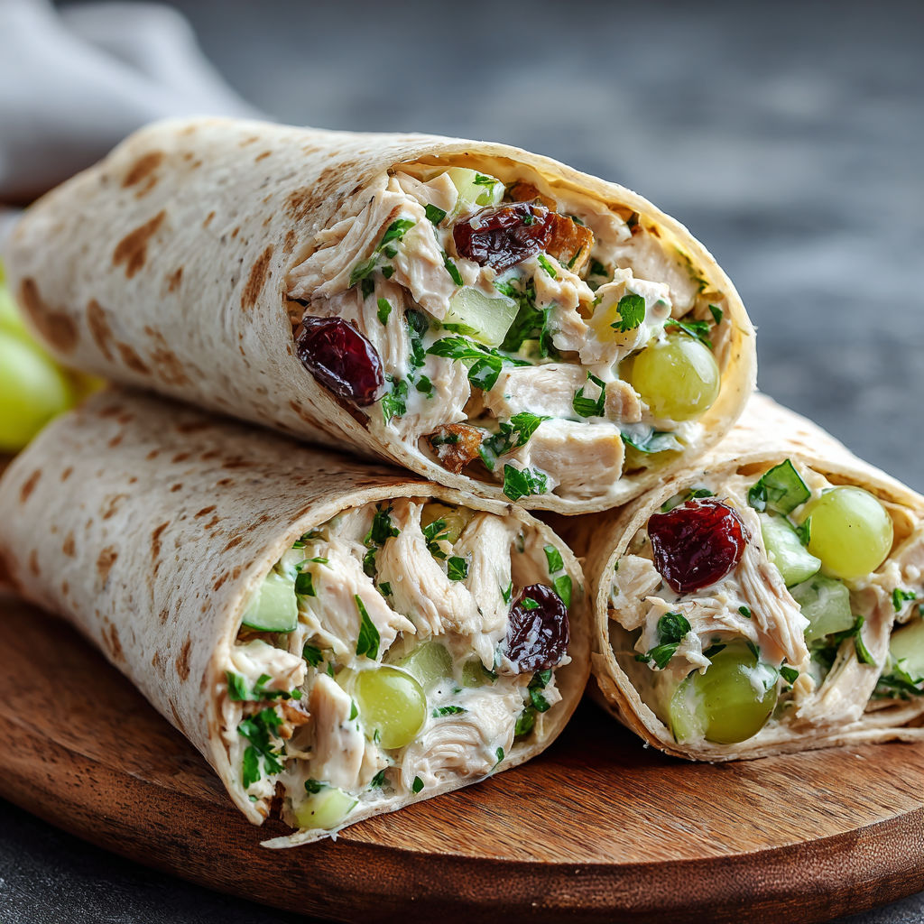 A delicious wrap filled with chicken, grapes, and cranberries is displayed on a wooden cutting board.