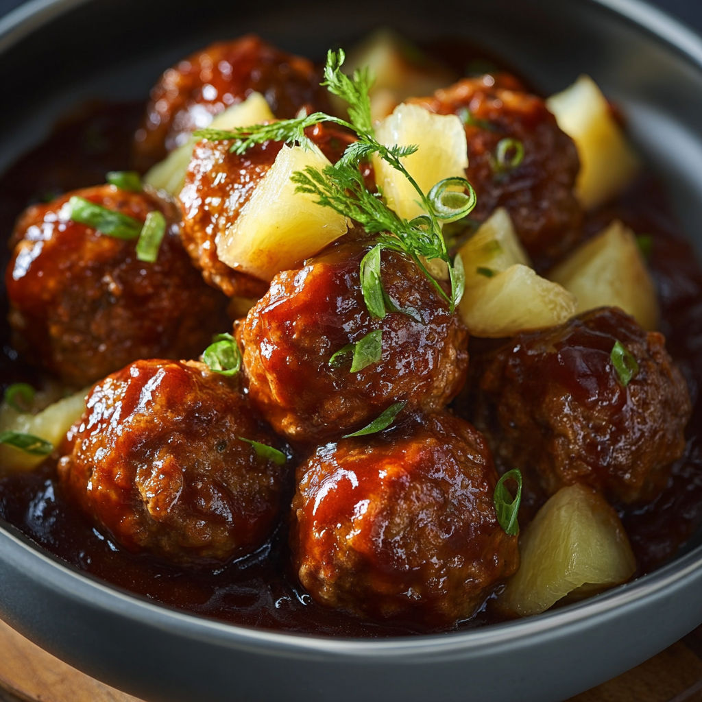 A bowl of slow cooker pineapple barbecue meatballs with a green garnish on top.