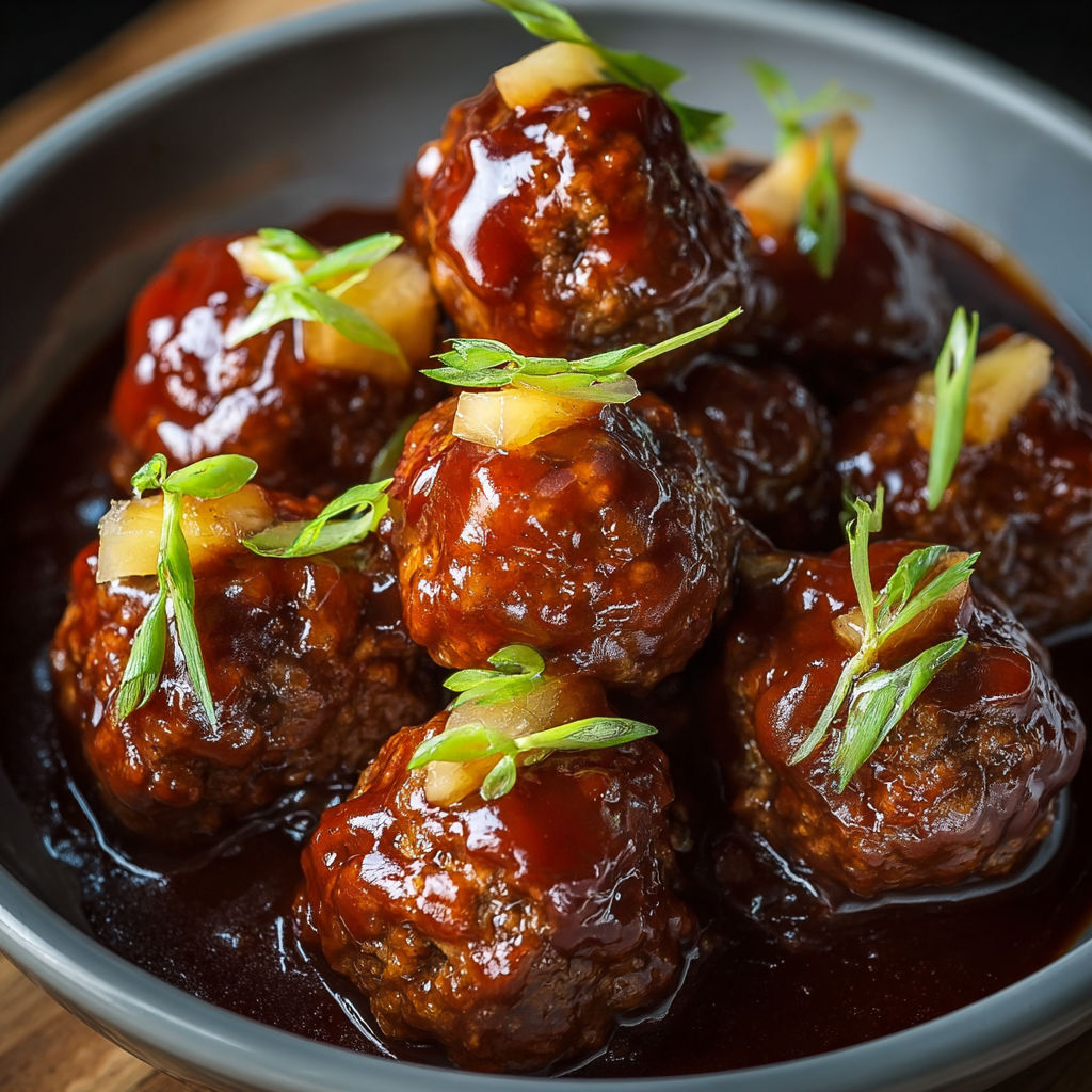 A bowl of meatballs in a brown sauce, garnished with green onions.
