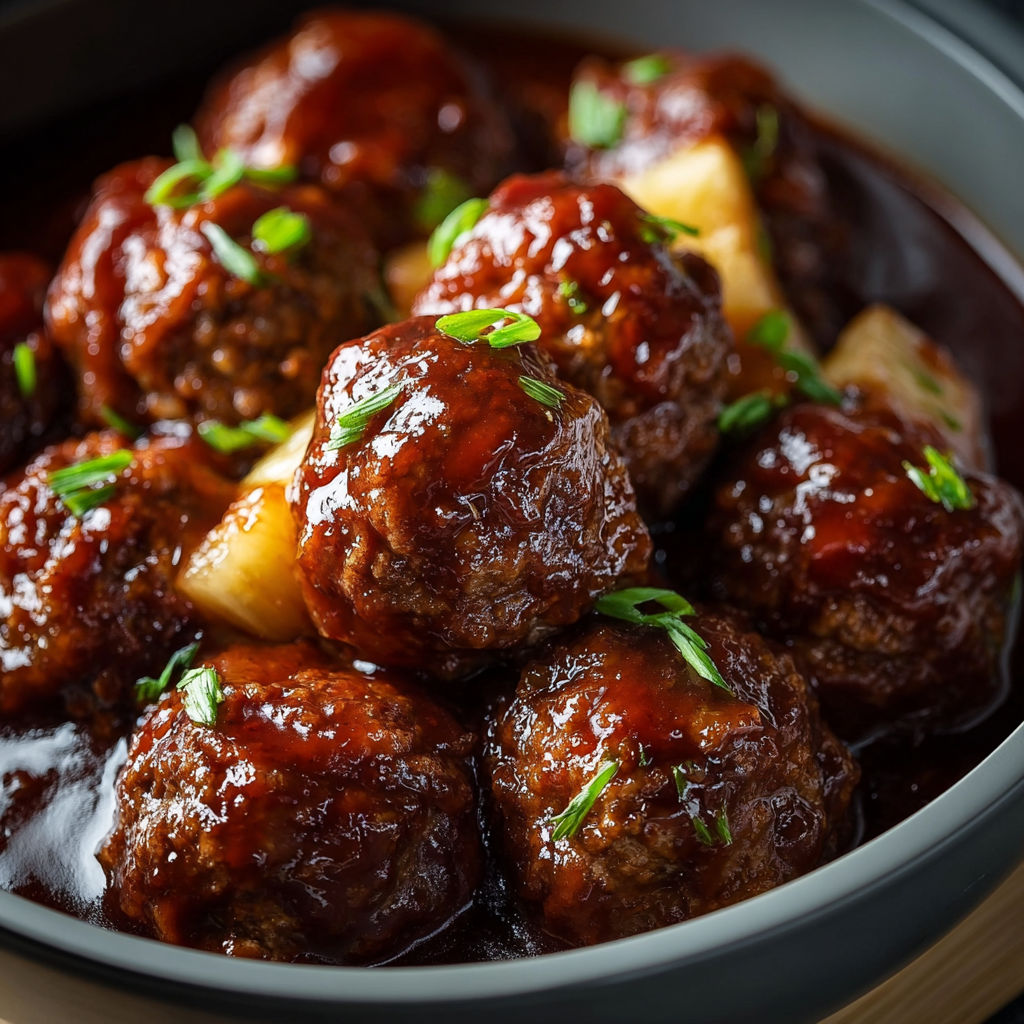 A bowl of meatballs in a brown sauce, garnished with green onions.
