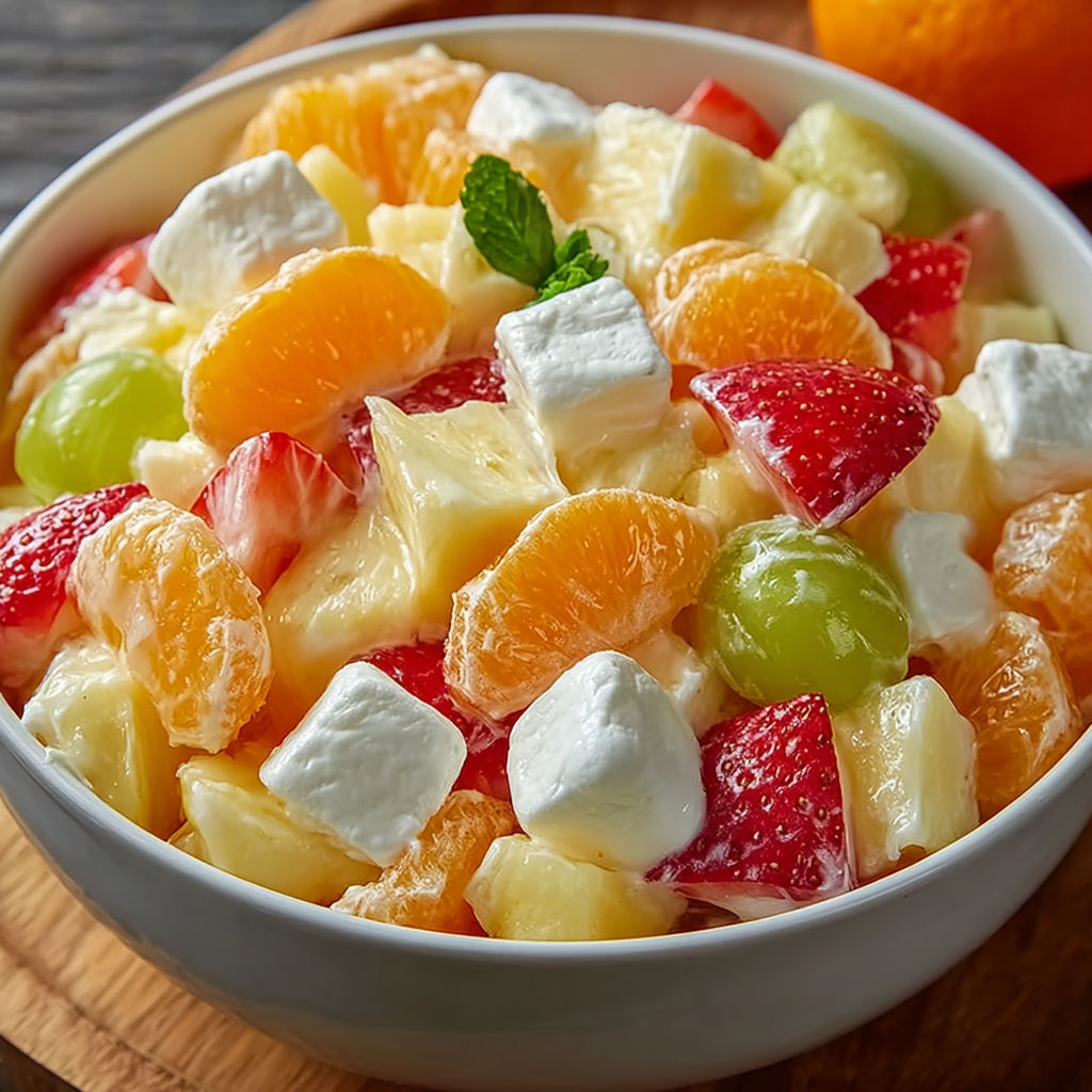 A white bowl filled with a delicious fruit salad, including oranges, strawberries, and pineapple, is displayed on a wooden table.