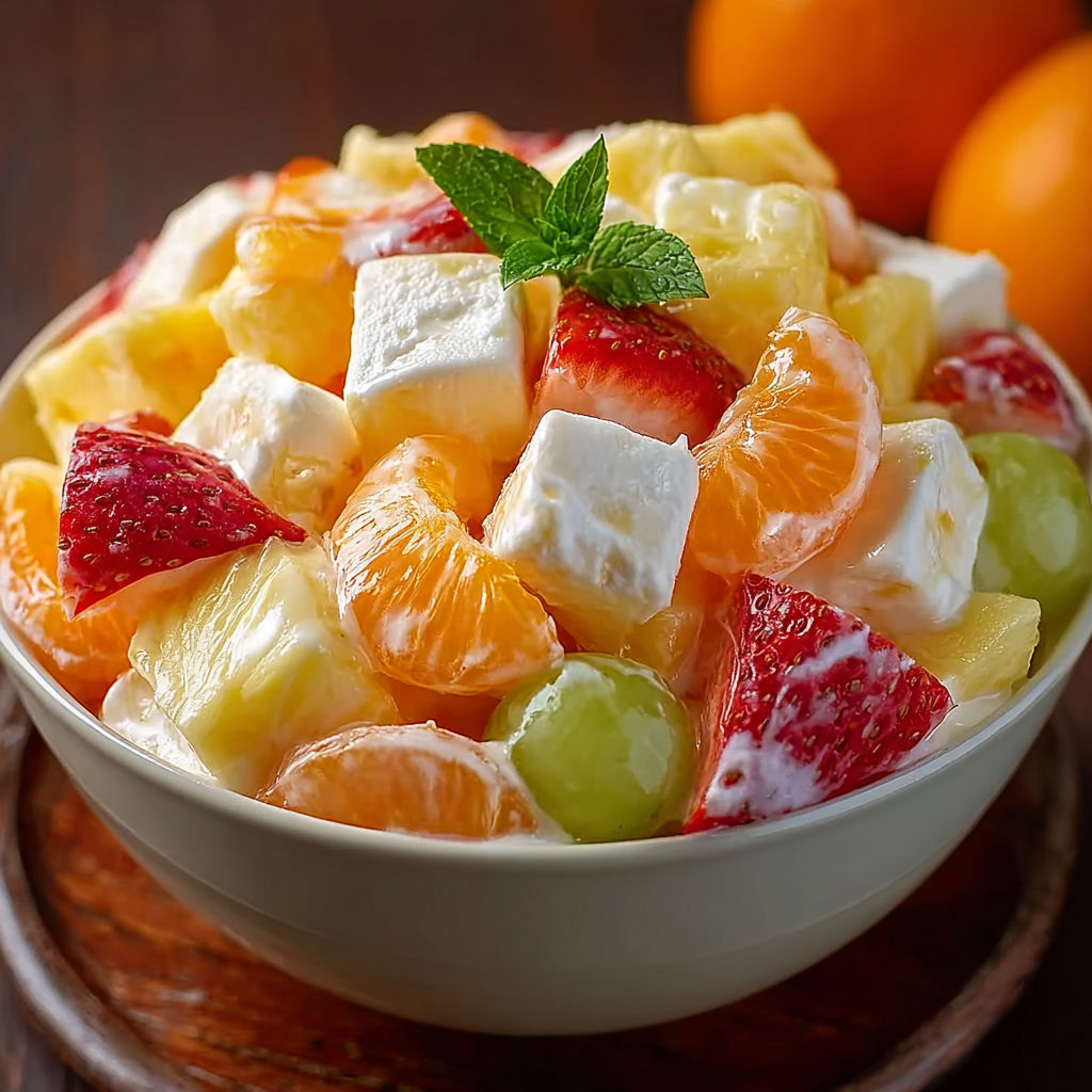 A bowl of fruit salad with oranges, strawberries, and grapes.