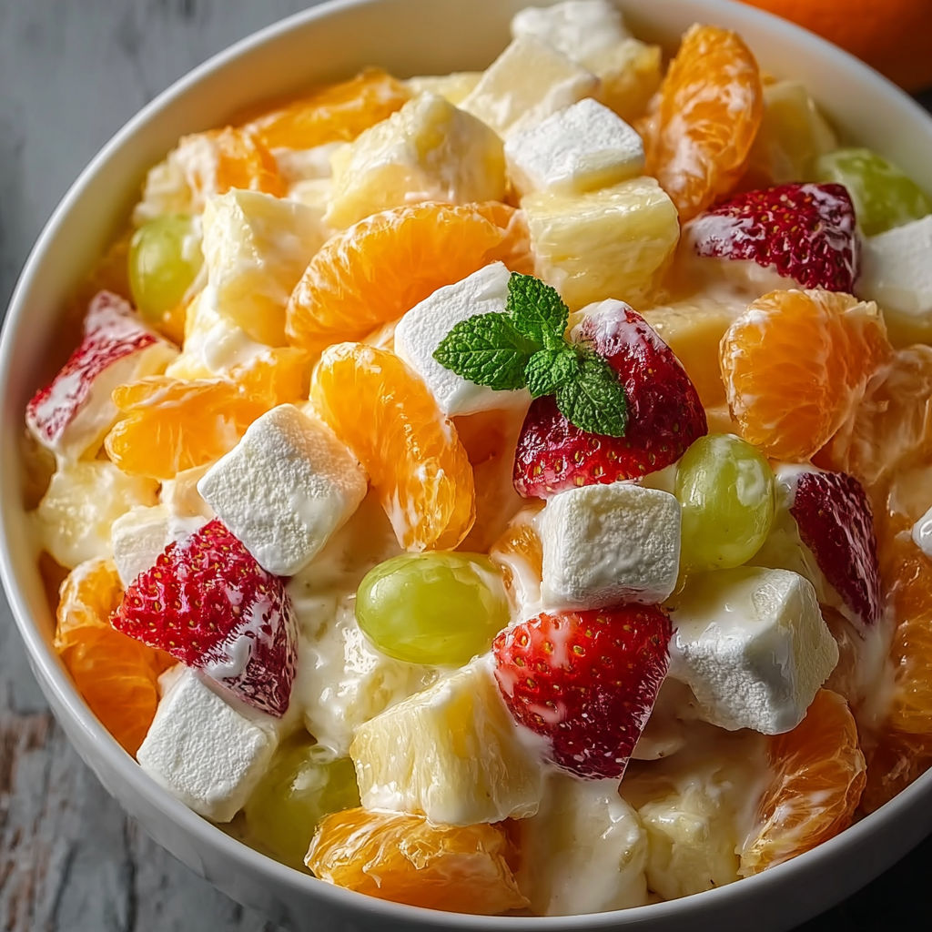 A bowl of fruit salad with oranges, strawberries, and bananas.