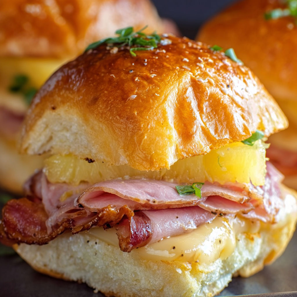 A close up of a delicious ham and pineapple slider.