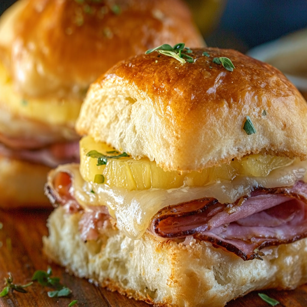 Two delicious ham and pineapple sliders on a wooden table.