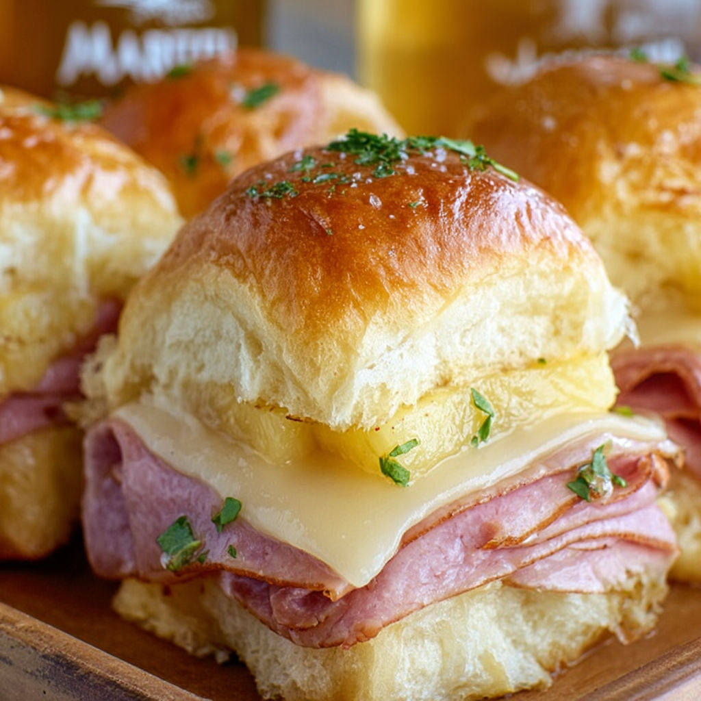 A delicious ham and pineapple sliders recipe is displayed on a wooden platter.